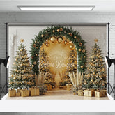 Aperturee - Aperturee Elegant Christmas Arch Photography Backdrop Gold Ornaments with Pampas Grass Modern Holiday Photo Background